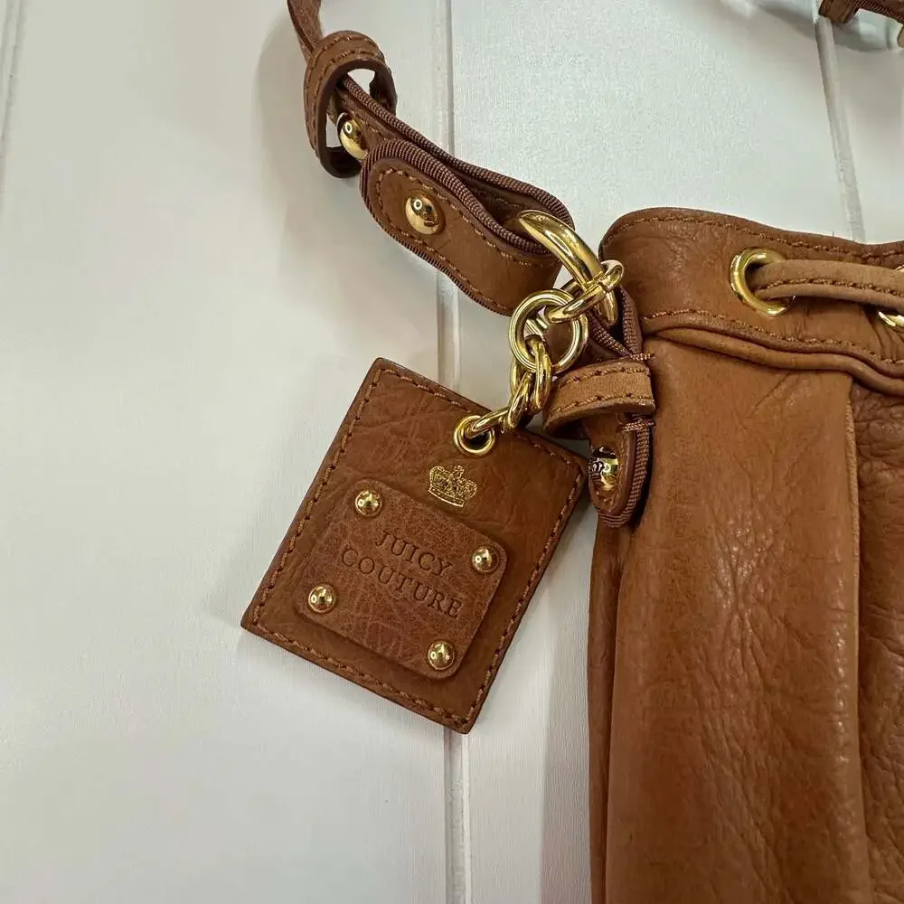 Boho Juicy Couture Brown Pebbled Leather Drawstring Bucket Crossbody Bag